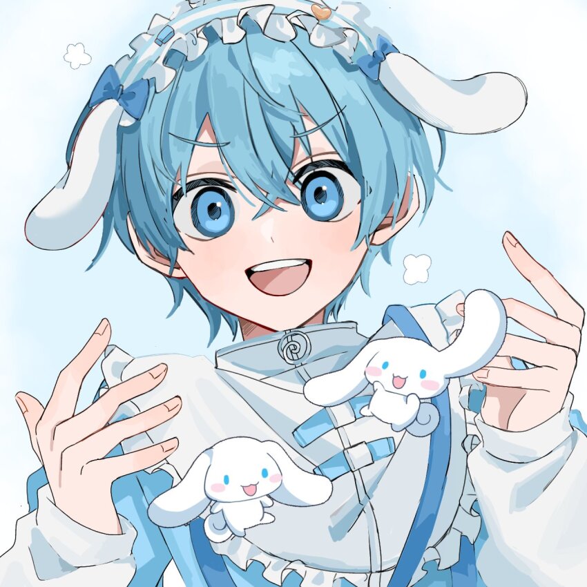 1boy animal_ears apron binonng blue_bow blue_eyes blue_hair bow cinnamoroll colon_(stpri) commentary creature crossdressing dog_boy frilled_apron frills hair_between_eyes hands_up highres jersey_maid long_sleeves looking_at_viewer maid maid_headdress male_focus male_maid open_mouth sanrio short_hair simple_background smile solo strawberry_prince teeth unconventional_maid upper_body upper_teeth_only utaite white_apron wide-eyed