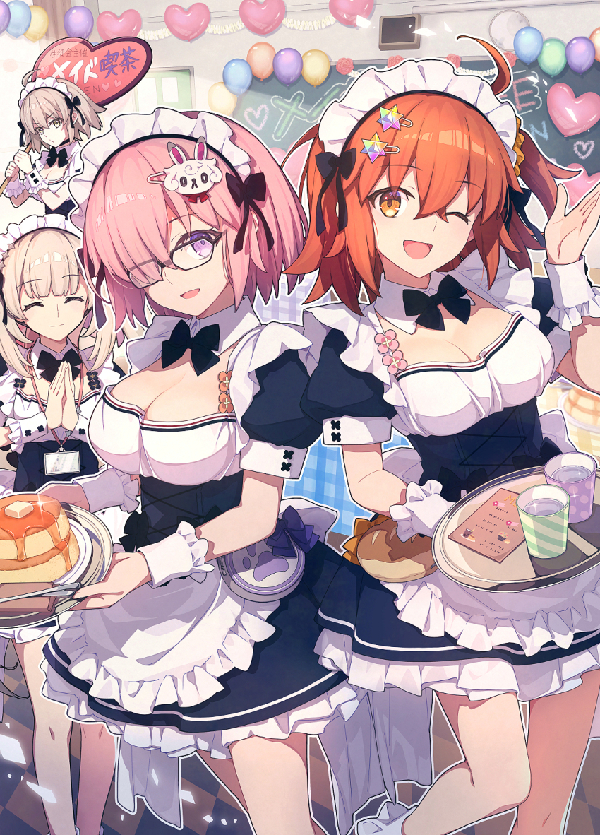 4girls ahoge alternate_costume apron balloon black-framed_eyewear black_bow black_dress bow breasts chalkboard classroom cleavage closed_eyes closed_mouth commentary_request cup disposable_cup dress fate/grand_order fate_(series) food fou_(fate) fujimaru_ritsuka_(female) grey_hair hair_ornament hair_over_one_eye hairpin heart_balloon highres holding holding_sign holding_tray indoors jeanne_d&#039;arc_alter_(fate) large_breasts long_hair looking_at_viewer maid maid_apron maid_headdress marie_antoinette_(fate) mash_kyrielight medium_hair multiple_girls one_eye_closed open_mouth own_hands_together pancake pancake_stack pink_hair puckered_lips purple_eyes purple_hair rectangular_eyewear red_hair saint_quartz_(fate) saipaco shorts sign smile tray white_apron yellow_eyes