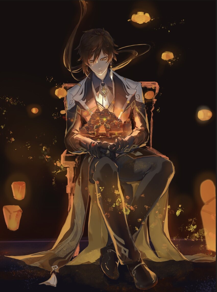 1boy bouken_wj closed_eyes genshin_impact lantern_festival lanterns night paper_lantern sitting sky_lantern solo solo_focus tassel twitter zhongli_(genshin_impact)