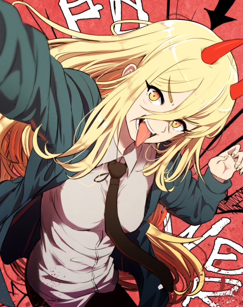 1girl arm_up between_breasts black_necktie blonde_hair breasts chainsaw_man collared_shirt commentary demon_horns green_jacket hair_between_eyes highres horns jacket long_bangs long_hair long_sleeves looking_at_viewer medium_breasts necktie necktie_between_breasts open_clothes open_jacket open_mouth power_(chainsaw_man) red_background red_horns samacho shirt solo teeth tongue tongue_out white_shirt yellow_eyes