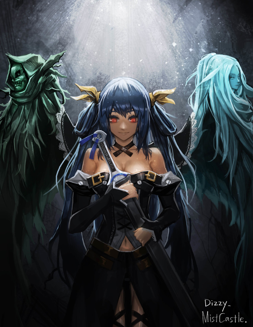 1girl absurdres artist_name bare_shoulders black_shirt black_skirt blue_hair breasts character_name cleavage closed_mouth detached_sleeves dizzy_(guilty_gear) guilty_gear guilty_gear_xrd hair_ribbon highres holding holding_sword holding_weapon long_hair medium_breasts mistcastle monster_girl navel necro_(guilty_gear) red_eyes ribbon sheath sheathed shirt skirt sleeves_past_wrists smile standing sword twintails undine_(guilty_gear) very_long_hair weapon wings yellow_ribbon