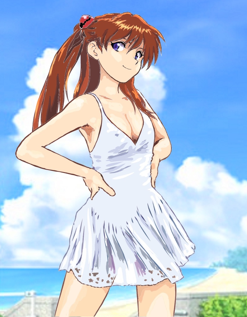 1girl bare_arms bare_shoulders beach blue_sky breasts cleavage closed_mouth cloud commentary day dress hair_between_eyes highres legs_apart long_hair medium_breasts mizumori_keiichi neon_genesis_evangelion ocean orange_hair purple_eyes sand sky smile solo souryuu_asuka_langley standing white_dress