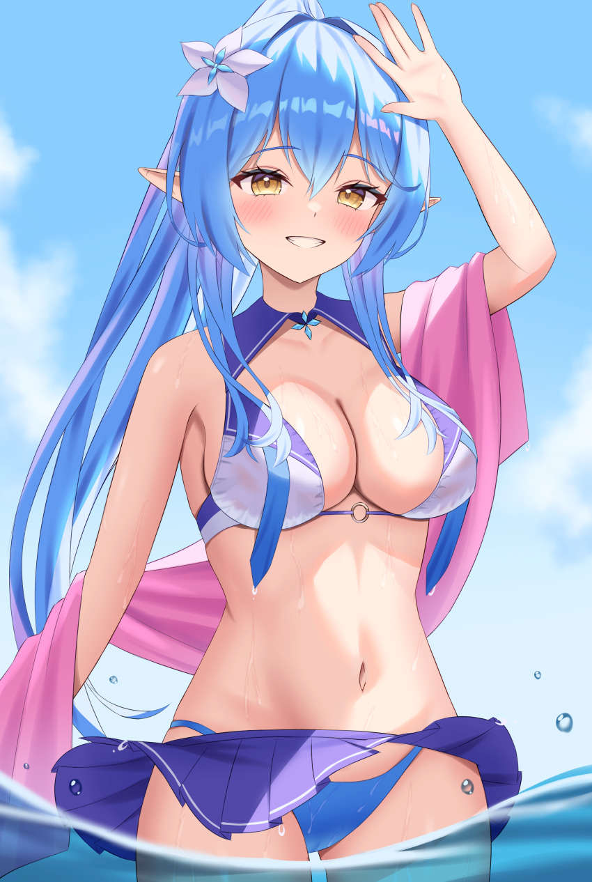 absurdres bare_shoulders bikini bikini_skirt blue_bikini blue_hair blue_skirt blush breasts cleavage high_ponytail highres hololive kumoru_(kumoru_145) large_breasts long_hair miniskirt navel parted_lips partially_submerged pleated_skirt skirt swimsuit teeth towel virtual_youtuber white_bikini yellow_eyes yukihana_lamy