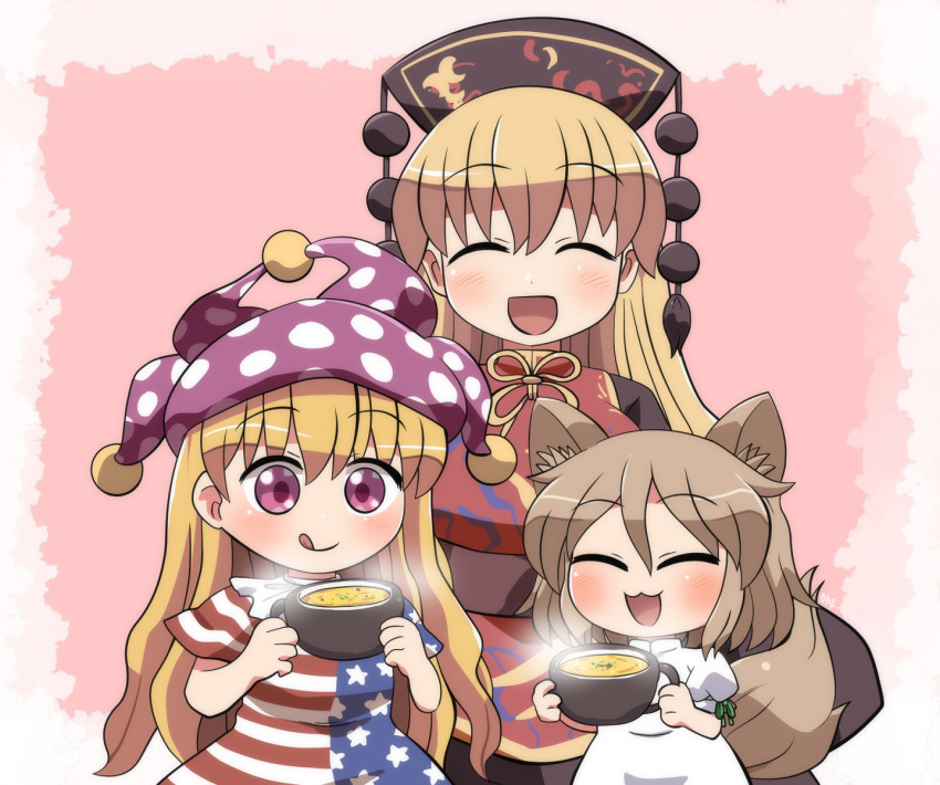 3girls :3 :d :q american_flag_dress animal_ear_fluff animal_ears black_dress black_hat blonde_hair blush bowl brown_hair closed_eyes closed_mouth clownpiece commentary_request dalachi_(headdress) dress facing_viewer food fox_ears fox_girl fox_tail green_ribbon hat highres holding holding_bowl jester_cap junko_(touhou) kudamaki_tsukasa long_hair multiple_girls neck_ribbon neck_ruff open_mouth pink_eyes polka_dot_headwear puffy_short_sleeves puffy_sleeves purple_hat red_tabard ribbon rokugou_daisuke short_hair short_sleeves sleeve_ribbon smile soup tabard tail tongue tongue_out touhou white_romper yellow_ribbon