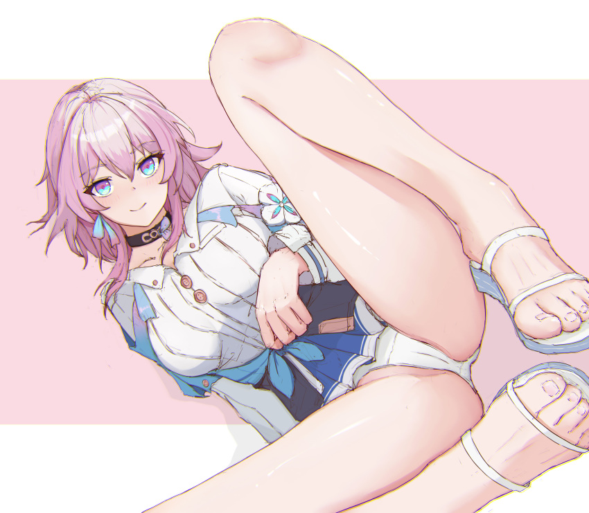 1girl absurdres black_choker blue_eyes blush breasts cameltoe choker cleft_of_venus earrings feet hair_between_eyes highres honkai:_star_rail honkai_(series) iicedcola jacket jewelry long_sleeves looking_at_viewer march_7th_(honkai:_star_rail) march_7th_(preservation)_(honkai:_star_rail) medium_breasts medium_hair multicolored_eyes panties pink_hair sandals shirt skirt smile solo sublime thighs tied_jacket toes underwear white_panties white_shirt