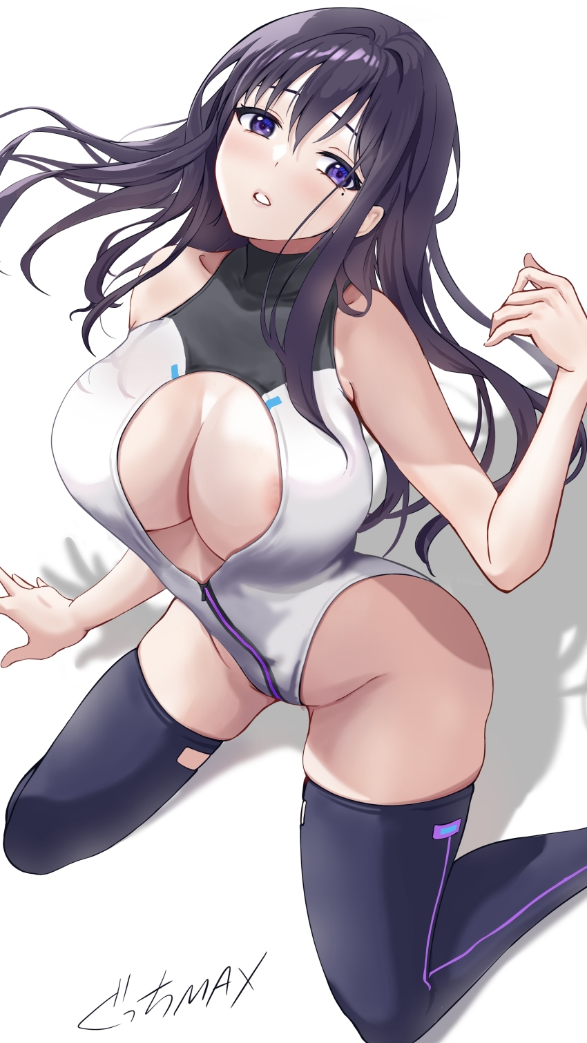 1girl absurdres alice_gear_aegis bare_shoulders black_hair black_thighhighs blush breasts circle_cutout cleavage companion/af covered_collarbone covered_erect_nipples front_zipper full-length_zipper gucchimax heattech_leotard highleg highleg_leotard highres kagome_misaki large_breasts leotard long_hair mole mole_under_eye open_mouth purple_eyes shiny_skin sidelocks simple_background sleeveless sleeveless_turtleneck_leotard solo thighhighs thighs turtleneck two-tone_leotard white_background zipper zipper_leotard