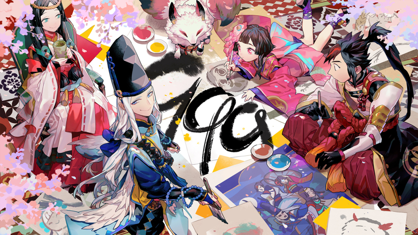 2boys 2girls aqua_eyes armor beads bird_wings black_eyes black_gloves black_hair black_hat blue_bridal_gauntlets blue_kimono blunt_bangs bowl bracer braid branch brown_hair brown_headband character_request cherry_blossoms closed_mouth detached_sleeves feathered_wings fox gloves hachimaki hakama hakama_pants hakama_skirt happy hat headband holding holding_paintbrush indoors japanese_clothes kariginu kimono kneeling light_smile long_hair long_sleeves looking_at_viewer multicolored_hair multiple_boys multiple_girls on_chair onmyoji paint paintbrush painting_(object) palette_(object) pants pauldrons petals pink_eyes pink_kimono ponytail prayer_beads red_hair red_hakama ribbon-trimmed_sleeves ribbon_trim rope shimenawa shishio_(shishio5431) short_hair_with_long_locks short_kimono shoulder_armor single_braid sitting skirt straight_hair streaked_hair tassel tate_eboshi very_long_hair white_hair white_kimono white_sleeves white_wings wide_sleeves wings yukata