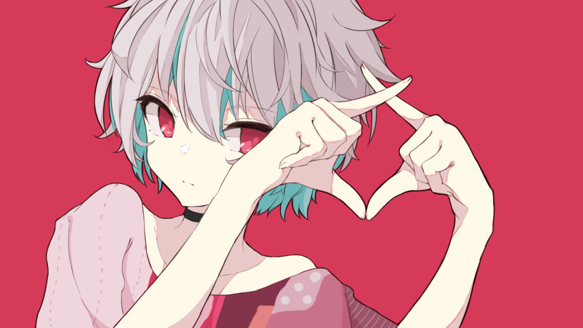 1boy black_choker blue_hair brown_shirt choker closed_mouth collarbone commentary_request grey_hair hair_between_eyes hands_up heart heart_hands highres looking_at_viewer male_focus multicolored_hair original red_background red_eyes shirt simple_background solo two-tone_hair upper_body vocaloid yusake_san