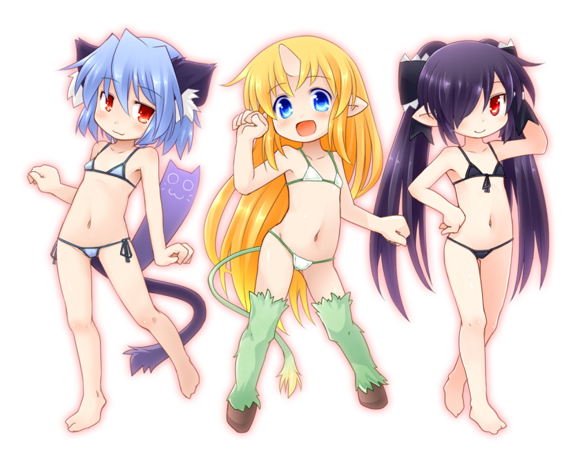 3girls animal_ears backbeako_(torotei) barefoot bikini black_hair blonde_hair blue_eyes blue_hair cat_ears character_request child flat_chest full_body gegege_no_kitarou hair_over_one_eye hooves horns kso long_hair multiple_girls navel open_mouth original pointy_ears red_eyes ribbon short_hair side-tie_bikini_bottom simple_background single_horn smile swimsuit tail twintails white_background