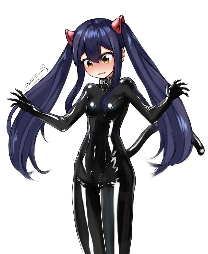 1girl absurdres battlebunny black_bodysuit blue_hair blush bodysuit breasts brown_eyes embarrassed fairy_tail highres latex latex_bodysuit long_hair long_sidelocks sidelocks signature simple_background small_breasts solo tail twintails wendy_marvell white_background