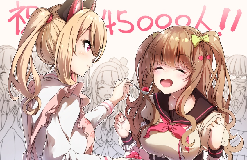 .live 6+girls :d absurdres animal_ears apron black_sailor_collar blonde_hair blush bow breasts brown_background brown_hair brown_shirt cat_ears character_request closed_mouth darjeeling_(reley) fake_animal_ears feeding fingernails food frills green_bow hair_bow highres holding holding_spoon kakyouin_chieri large_breasts long_hair long_sleeves multiple_girls neckerchief nekonoki_mochi open_mouth pink_apron profile puffy_short_sleeves puffy_sleeves red_eyes red_neckerchief sailor_collar school_uniform serafuku shirt short_sleeves side_ponytail smile spoon two_side_up upper_body very_long_hair virtual_youtuber white_shirt wrist_cuffs