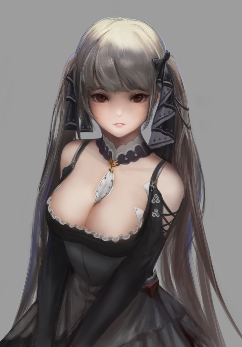 1girl azur_lane bare_shoulders between_breasts black_dress breasts cleavage detached_collar dori_(9720xyz) dress formidable_(azur_lane) frilled_dress frills grey_background grey_hair hair_ribbon highres large_breasts long_hair looking_at_viewer parted_lips red_eyes ribbon simple_background solo twintails two-tone_ribbon upper_body very_long_hair