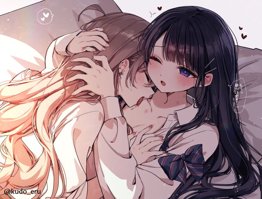 2girls akatsuki_mikoto aoi_rei bite_mark black_hair bow bowtie breasts brown_hair cleavage closed_eyes collared_shirt earrings hair_ornament hairclip heart highres indoors jewelry kudo_eru licking long_hair long_sleeves mole multiple_girls one_eye_closed open_mouth original purple_eyes shirt spoken_heart striped_bow striped_bowtie striped_clothes sweat tongue tongue_out twitter_username white_shirt yuri