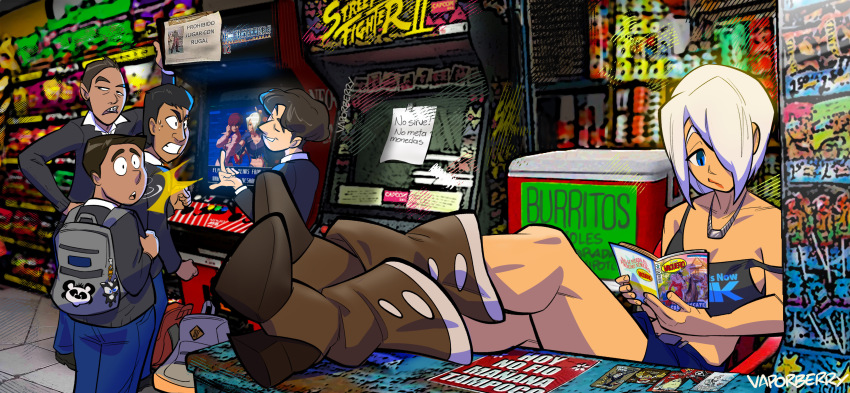 1girl absurdres angel_(kof) arcade arcade_cabinet arcade_stick backpack bag bare_shoulders black_hair blue_eyes breasts brown_hair cameo cleavage company_name controller crop_top fighting_game fingerless_gloves game_controller gloves highres indoors joystick large_breasts long_hair long_sleeves meme meta mexico navel omega_rugal open_mouth photo_background playing_games ponytail reading relaxing rivalry rugal_bernstein school_uniform shermie_(kof) shirt short_hair sitting smile snk spanish_text street_fighter street_fighter_ii_(series) surprised the_king_of_fighters the_king_of_fighters_2002 vaporberry video_game