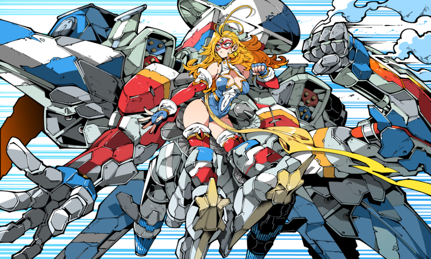 1girl blonde_hair blue_eyes breasts cleavage cleavage_cutout clenched_hand closed_mouth clothing_cutout covered_navel earrings elbow_gloves eye_mask fingerless_gloves gloves hand_up jewelry kafun kamen_america kamen_america_(comic) leotard long_hair looking_to_the_side mecha mechanical_arms robot simple_background solo star_(symbol) star_earrings superhero_costume