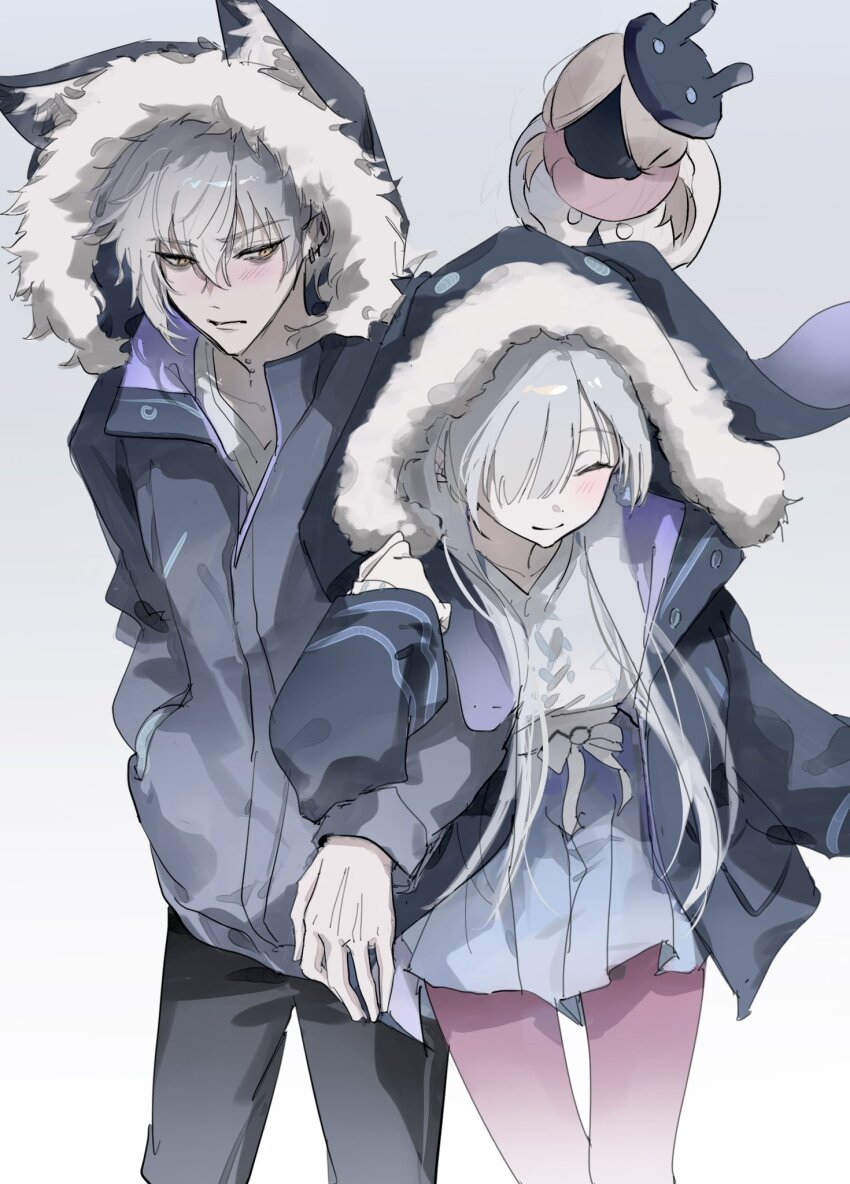 1boy 1girl alternate_costume anastasia_(fate) anastasia_(under_the_same_sky)_(fate) animal_hood black_jacket black_pants blue_skirt blush closed_eyes closed_mouth cowboy_shot doll ear_piercing earrings fate/grand_order fate_(series) fur-trimmed_hood fur_trim gamdol_1 gradient_background grey_background grey_hair hair_between_eyes hair_over_one_eye hand_in_pocket hand_up hetero highres hood hood_up hooded_jacket jacket jewelry kadoc_zemlupus locked_arms long_hair long_sleeves looking_at_another matching_outfits neck_piercing open_clothes open_jacket pants pantyhose piercing pleated_skirt rabbit_hood red_pantyhose short_hair simple_background skirt sleeves_past_wrists smile sweater viy_(fate) white_sweater wolf_hood yellow_eyes