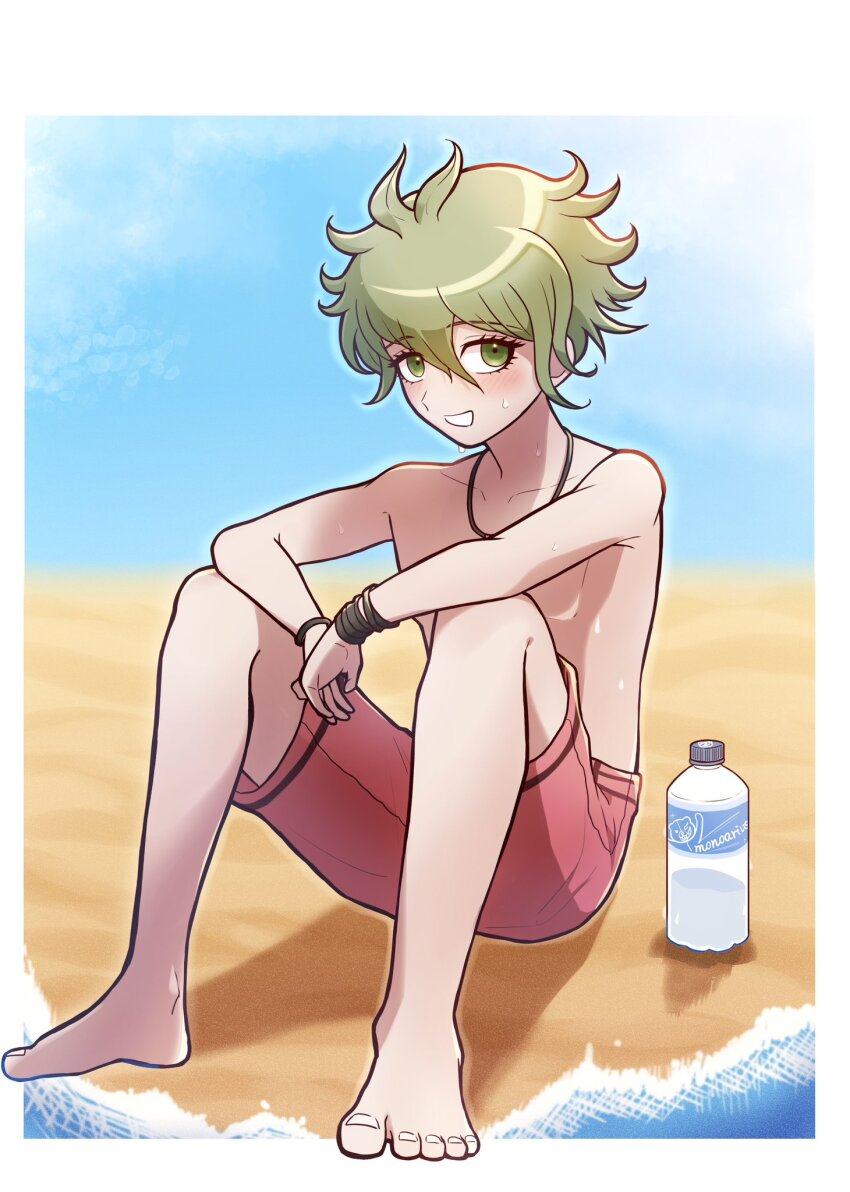 1boy amami_rantaro barefoot beach blush bottle danganronpa_(series) danganronpa_v3:_killing_harmony green_eyes green_hair grin hair_between_eyes highres jewelry kirin_(suzoke_1) male_focus male_swimwear necklace pink_male_swimwear sand short_hair sitting smile solo teeth topless water water_bottle wet