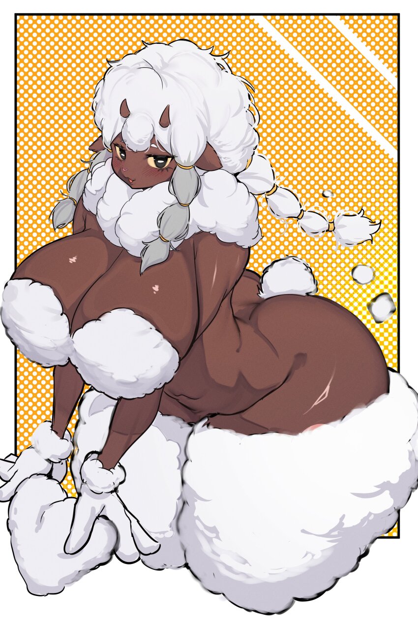 1girl absurdres animal_ears animal_nose arched_back black_eyes blush body_fur border braid braided_ponytail breasts bright_pupils cleavage colored_sclera creatures_(company) dark-skinned_female dark_skin eyelashes female_focus furry furry_female game_freak gen_8_pokemon grey_hair highres horizontal_pupils horns huge_breasts kantan kneeling long_hair looking_at_viewer multicolored_hair multiple_braids nintendo open_mouth outside_border personification pokemon pokemon_(creature) polka_dot polka_dot_background sheep_ears sheep_girl sheep_horns sheep_tail smile solo tail thick_thighs thighs two-tone_hair white_border white_fur white_hair white_pupils wooloo yellow_sclera