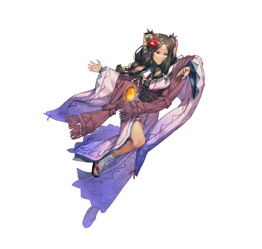 1girl animal_ears brown_eyes brown_hair dark-skinned_female dark_skin fire_emblem fire_emblem_heroes flower food fur-trimmed_kimono fur_trim hair_flower hair_ornament japanese_clothes kimono long_hair mochi nintendo official_art panne_(fire_emblem) rabbit_ears sandals sash solo stone tabi white_background zouri