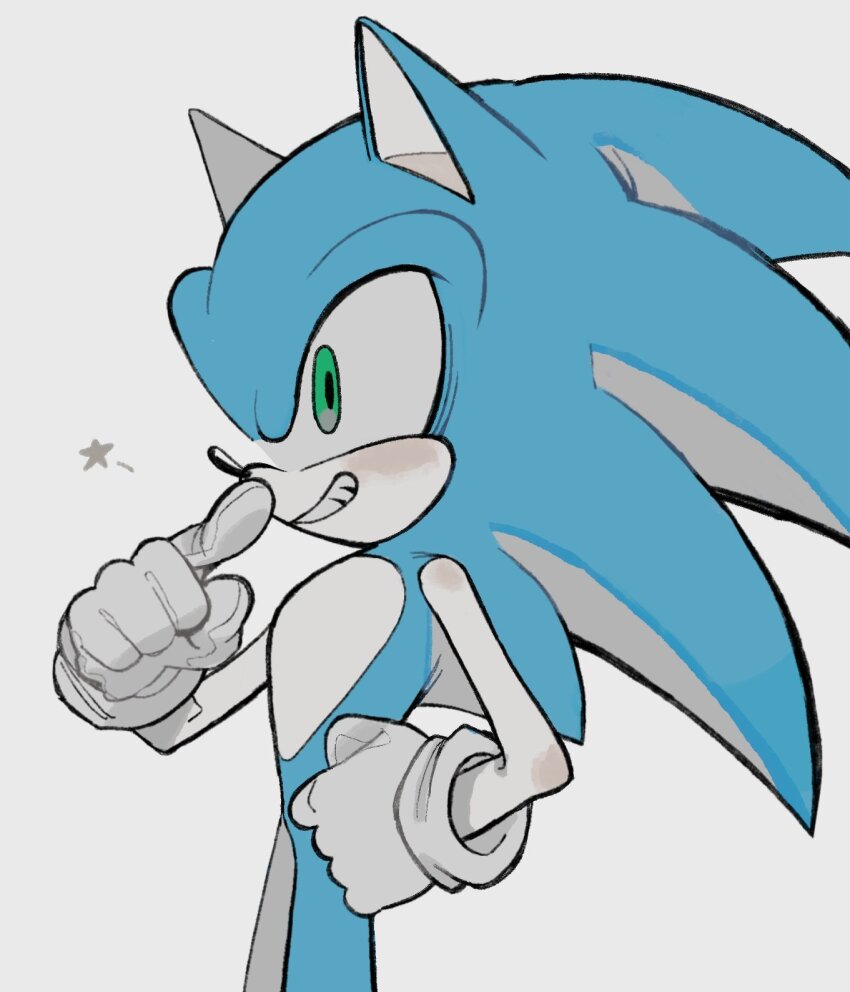 1boy animal_ears animal_nose furry furry_male gloves green_eyes grey_background grin highres male_focus rubbing_nose simple_background smile solo sonic_(series) sonic_the_hedgehog standing star_(symbol) white_gloves xxxxx0099e