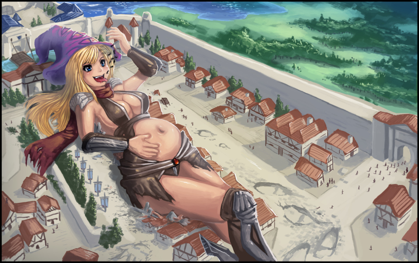 1girl belly breasts cleavage giant giantess kipteitei large_breasts lying on_back plump town vore