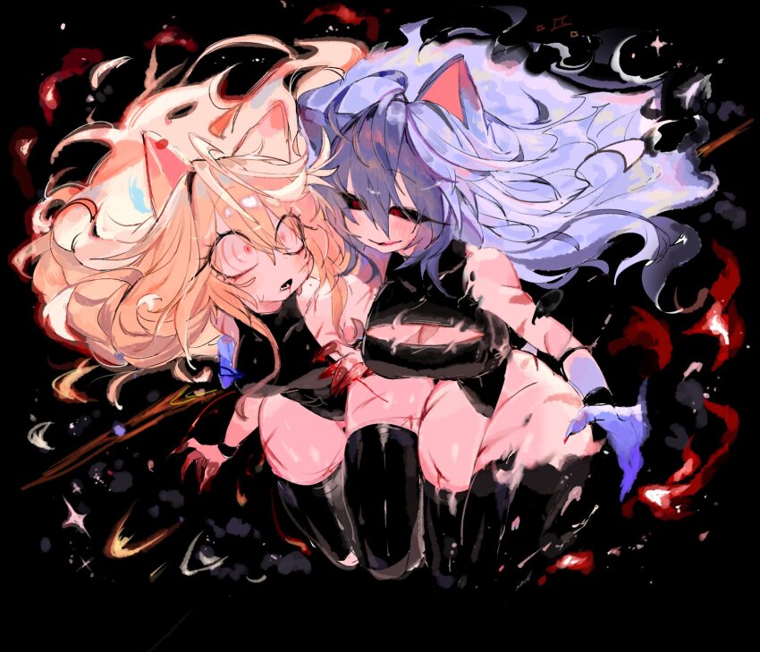 2girls black_background black_sclera black_shirt black_thighhighs blonde_hair blue_hair blue_hands breasts cleavage_cutout clothing_cutout colored_sclera commentary cropped_legs fleetway_super_sonic floating_hair genderswap genderswap_(mtf) halter_shirt halterneck highres humanization large_breasts long_hair looking_at_another multiple_girls open_mouth red_eyes ringed_eyes scar scar_on_leg shirt smile sonic.exe sonic.exe_(character) sonic_(series) sonic_the_comic sonic_the_hedgehog super_sonic thighhighs usa37107692