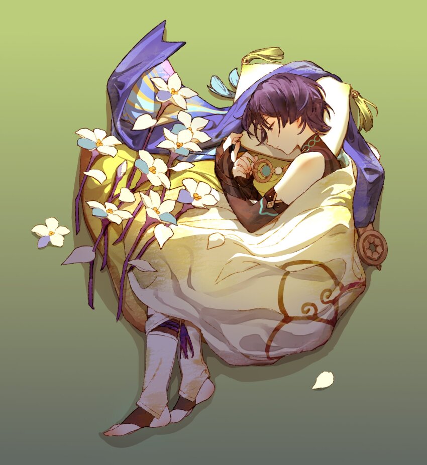 1boy bishounen blanket chinese_commentary closed_mouth clothes_blanket commentary flower genshin_impact gradient_background half-closed_eyes highres huamouflora inteyvat_flower_(genshin_impact) jacket lying male_focus no_headwear no_jacket on_ground on_side pillow profile scaramouche_(genshin_impact) solo sunlight unworn_jacket vision_(genshin_impact) wanderer_(genshin_impact) white_flower white_petals