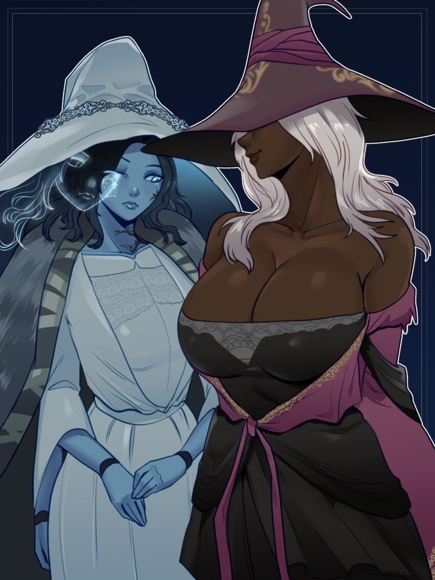 2girls black_dress black_hat blue_skin breast_envy breasts cleavage cloak colored_skin commentary dark-skinned_female dark_skin dress elden_ring elden_ring_nightreign english_commentary extra_arms extra_faces female_focus fur_cloak hat highres holding huge_breasts large_hat long_hair looking_at_another looking_at_breasts medium_breasts meme mom_and_her_daughter_(meme) multiple_girls ranni_the_witch recluse_(elden_ring) skullworms trait_connection very_dark_skin white_dress white_hair witch witch_hat