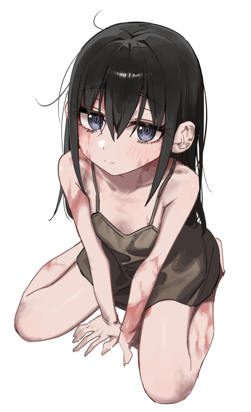 1girl absurdres bare_arms bare_shoulders between_legs black_hair blue_eyes blush brown_dress burn_scar closed_mouth commentary_request dorei_to_no_seikatsu_~teaching_feeling~ dress full_body hair_between_eyes hand_between_legs highres long_hair looking_at_viewer scar simple_background sitting sleeveless sleeveless_dress smile solo syhan sylvie_(dorei_to_no_seikatsu) very_long_hair wariza white_background