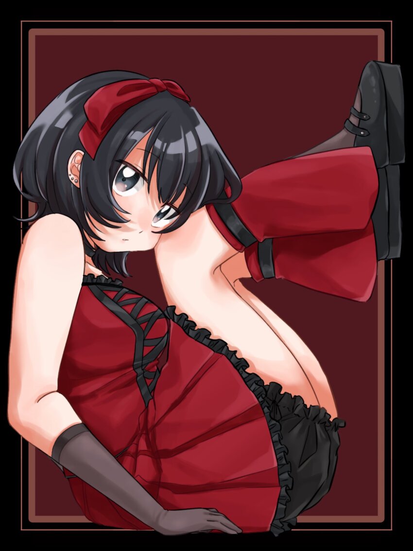 1girl black_border black_eyes black_gloves black_hair border bow commentary cross-laced_clothes cross-laced_dress dress ear_piercing elbow_gloves frilled_dress frills from_side gloves hair_bow highres looking_at_viewer original outside_border piercing red_background red_bow red_dress short_hair solo symbol-only_commentary tumu386020