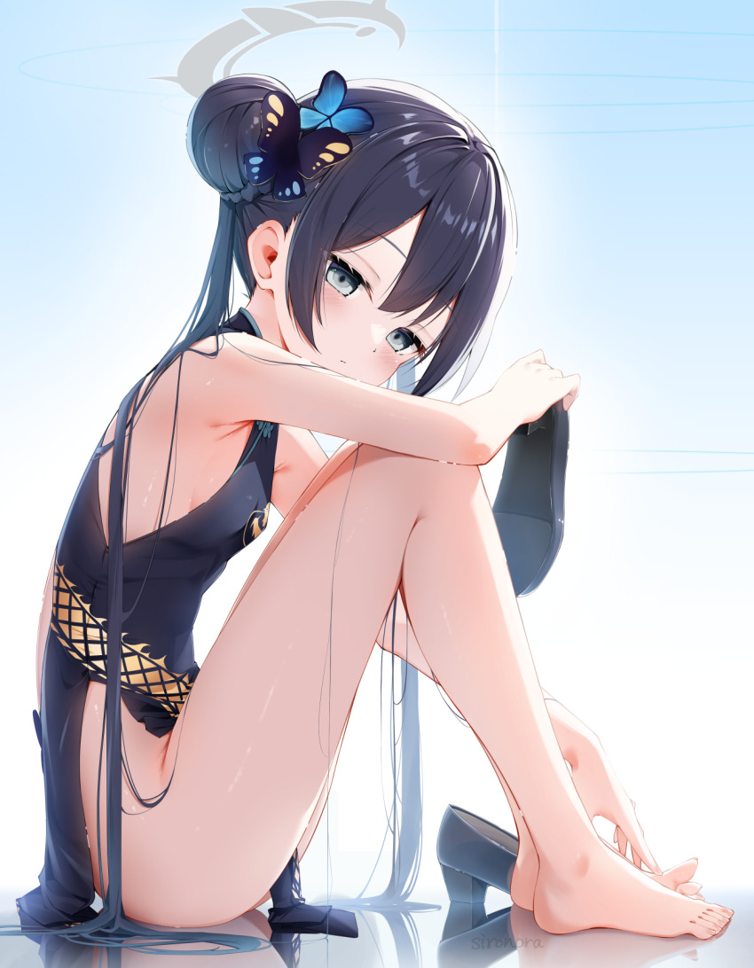 1girl armpits bare_legs barefoot black_dress black_footwear black_hair blue_archive blush breasts butterfly_hair_ornament china_dress chinese_clothes commentary_request dress feet hair_bun hair_ornament halo highres holding_shoe kisaki_(blue_archive) knees_up long_hair looking_at_viewer looking_to_the_side no_panties partial_commentary pelvic_curtain reflective_floor revision shoes sironora sitting sleeveless sleeveless_dress small_breasts solo toes twintails unworn_shoes very_long_hair