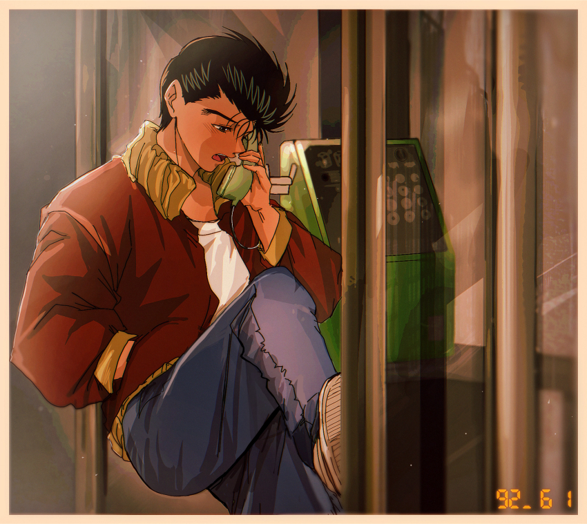 1boy black_hair commentary_request denim hand_in_pocket hiei4455 highres jacket leaning male_focus pants phone phone_booth red_jacket shirt shoes short_hair sneakers solo urameshi_yusuke yuu_yuu_hakusho