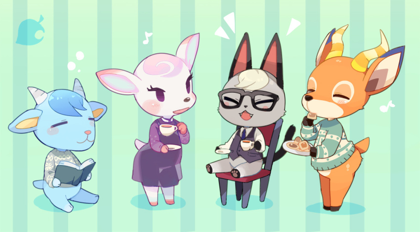 1girl 3boys :3 animal_crossing animal_ears animal_hands barefoot beau_(animal_crossing) black-framed_eyewear black_vest blue_hair blue_neckwear blush blush_stickers book bottomless cat_ears cat_tail chair closed_eyes closed_mouth cookie cup deer_ears deer_tail diana_(animal_crossing) dress drink fangs flat_chest food formal_clothes full_body furry glasses gradient_background green_background green_sweater grey_sweater hands_up happy holding horns kishibe legs_together long_sleeves multiple_boys musical_note necktie nintendo open_book open_mouth pawpads pink_hair plate platinum_blonde_hair purple_dress purple_eyes raymond_(animal_crossing) saucer sherb_(animal_crossing) shirt short_hair simple_background sitting smile standing striped_background sweater tail tea teacup vest white_shirt