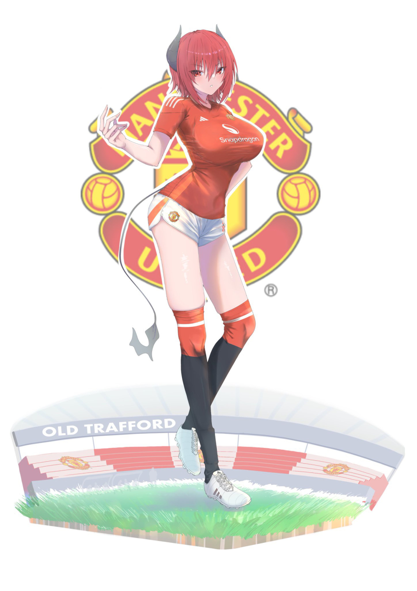 1girl :o adidas breasts commentary_request demon_horns demon_tail eyebrows_hidden_by_hair fingernails full_body hachimitsu_shitate hair_between_eyes hand_on_own_hip highres horns large_breasts long_fingernails looking_at_viewer manchester_united multicolored_socks old_trafford on_grass original over-kneehighs partial_commentary premier_league red_hair red_shirt shin_guards shin_guards_under_legwear shiny_skin shirt short_hair short_shorts short_sleeves shorts soccer soccer_uniform socks solo sponsor sportswear standing standing_on_one_leg tail thighhighs thighs tight_clothes tight_shirt tsurime white_footwear white_shorts