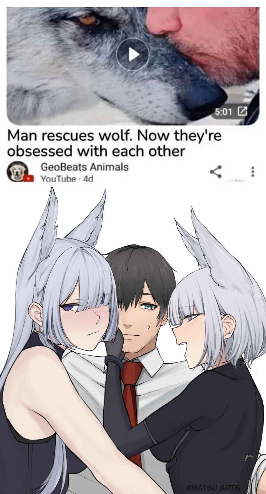 1boy 2girls absurdres ak-15_(girls&#039;_frontline) animal_ears commander_(girls&#039;_frontline) girls&#039;_frontline grey_hair hair_over_one_eye highres matsu_arts meme multiple_girls necktie photo_inset purple_eyes rpk-16_(girls&#039;_frontline) upper_body wolf wolf_ears wolf_girl youtube