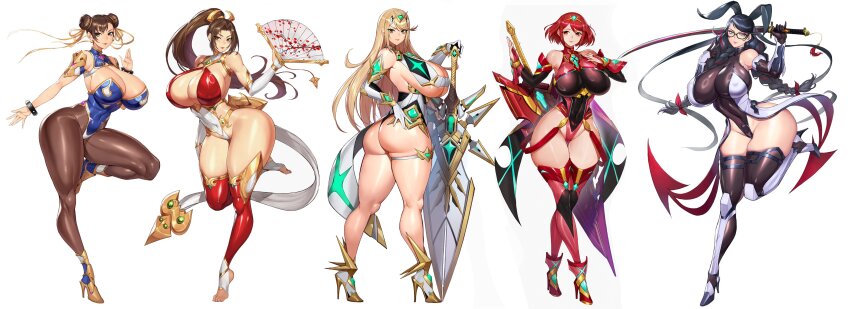 5girls absurdres adapted_costume aegis_sword_(xenoblade) alternate_breast_size arm_armor armor armored_boots armored_leotard ass bare_shoulders bayonetta bayonetta_(series) bayonetta_3 bikini_armor black_hair blonde_hair blue_leotard blush boots bracelet braided_twintails breasts brown_eyes brown_hair brown_pantyhose capcom chest_jewel chun-li cleavage cleavage_cutout closed_mouth clothing_cutout core_crystal_(xenoblade) cosplay covered_erect_nipples covered_navel crossover curvy detached_collar detached_sleeves double_bun dress earrings elbow_gloves fatal_fury floating_earring floral_print full_body gauntlets gem glasses gloves gluteal_fold gold_trim gurimjang hair_bun hair_ornament hand_fan hand_up headpiece high_heel_boots high_heels high_ponytail highleg highleg_leotard highres holding holding_sword holding_weapon huge_ass huge_breasts huge_weapon impossible_clothes jewelry katana kneepits large_breasts leg_up leotard light_smile linea_alba lips lipstick long_hair long_legs looking_at_viewer makeup mature_female microdress mizuki_shiranui mizuki_shiranui_(cosplay) multicolored_hair multiple_girls mythra_(xenoblade) navel open_hands pantyhose parted_bangs ponytail pyra_(xenoblade) red_eyes red_hair red_shorts revealing_clothes shin_guards shiny_clothes shiny_skin shiranui_mai short_hair shorts sideboob simple_background skin_tight skindentation sleeveless sleeveless_leotard smile spiked_bracelet spikes standing standing_on_one_leg street_fighter swept_bangs sword taimanin_(series) taimanin_suit taimanin_yukikaze the_king_of_fighters thick_thighs thigh_gap thighhighs thighs tiara toeless_legwear toenails toes twintails twisted_torso two-tone_hair very_long_hair weapon white_background wide_hips xenoblade_chronicles_(series) xenoblade_chronicles_2 yellow_eyes