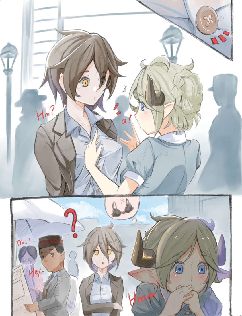 2boys 2girls absurdres blonde_hair blue_eyes blush brown_hair comic covering_own_mouth dark-skinned_male dark_skin highres horns ikeshiki-chuujou multiple_boys multiple_girls no_bra original pointy_ears short_hair tomboy yellow_eyes