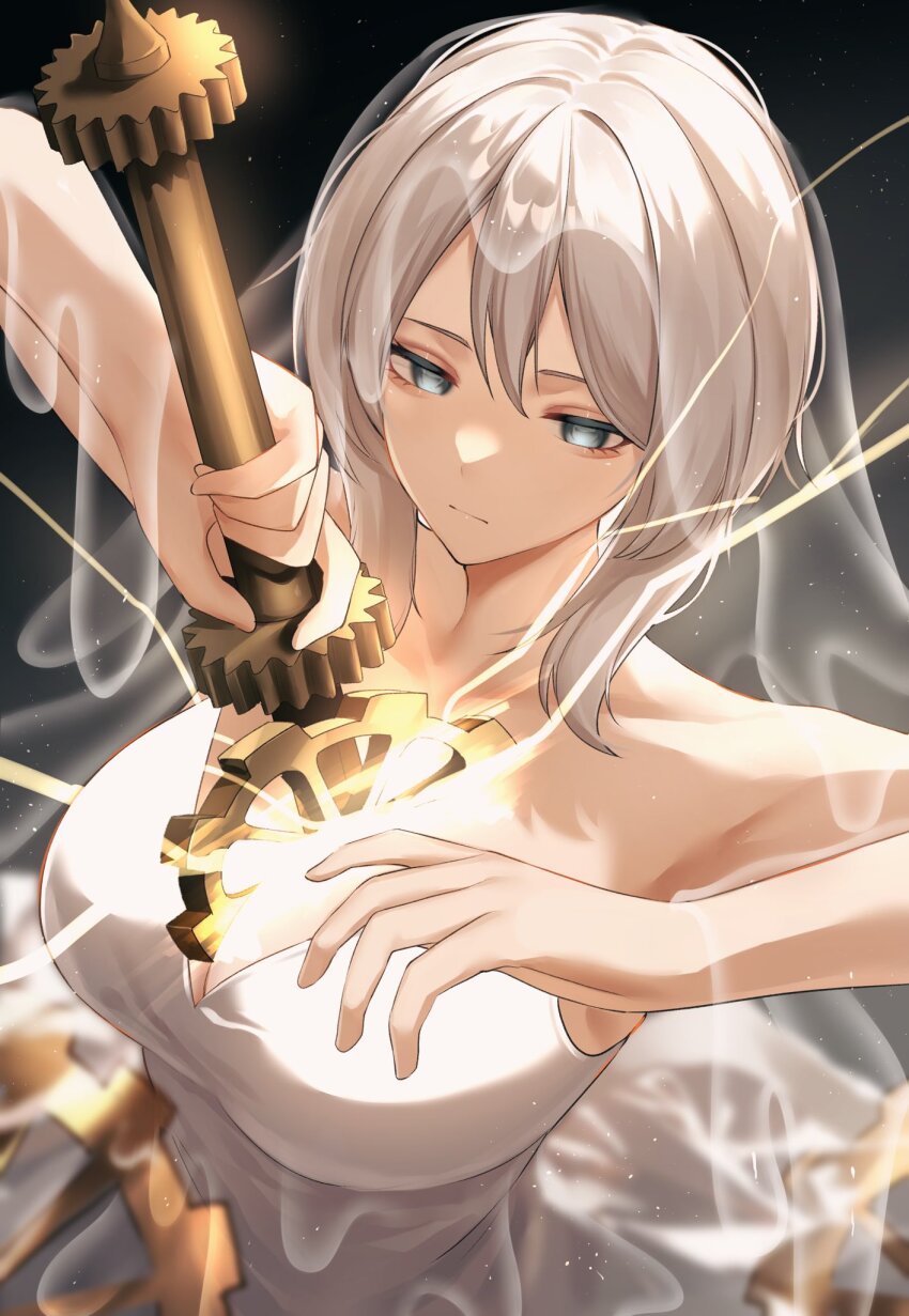 1girl arm_up blue_eyes breasts bridal_veil bride closed_mouth dress e.g.o_(project_moon) everlasting_(e.g.o) faust_(project_moon) from_above gears highres holding holding_sword holding_weapon human_scabbard large_breasts limbus_company looking_at_viewer project_moon short_hair sohdvh_khos_ph solo strapless strapless_dress sword upper_body veil weapon wedding_dress white_dress white_hair white_veil