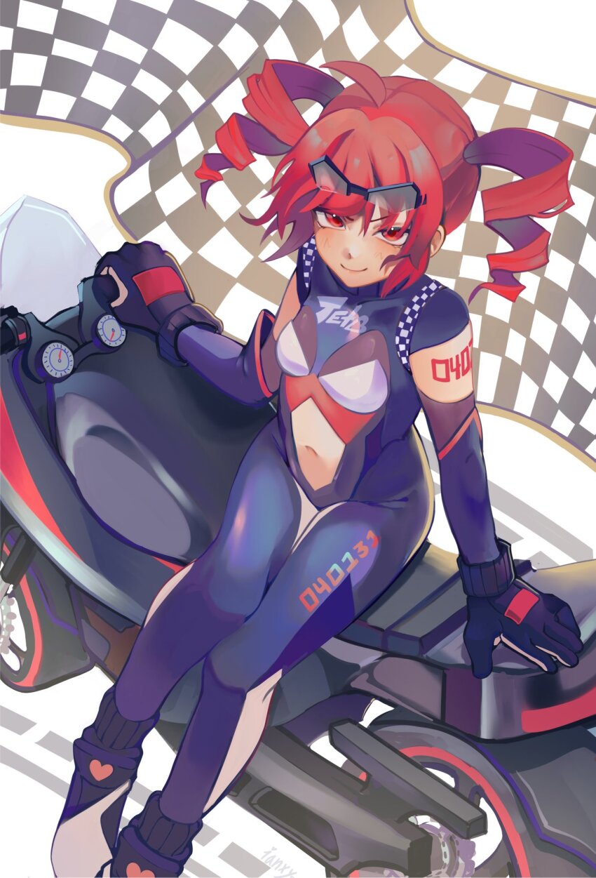 1girl ahoge biker_clothes bikesuit black_gloves black_sleeves blush bodysuit checkered_flag choppy_bangs detached_sleeves drill_hair flag full_body gloves highres ianxy2 kasane_teto long_sleeves motor_vehicle motorcycle navel race_flag red_eyes red_hair shadow short_sleeves smile solo stomach twin_drills utau white_background