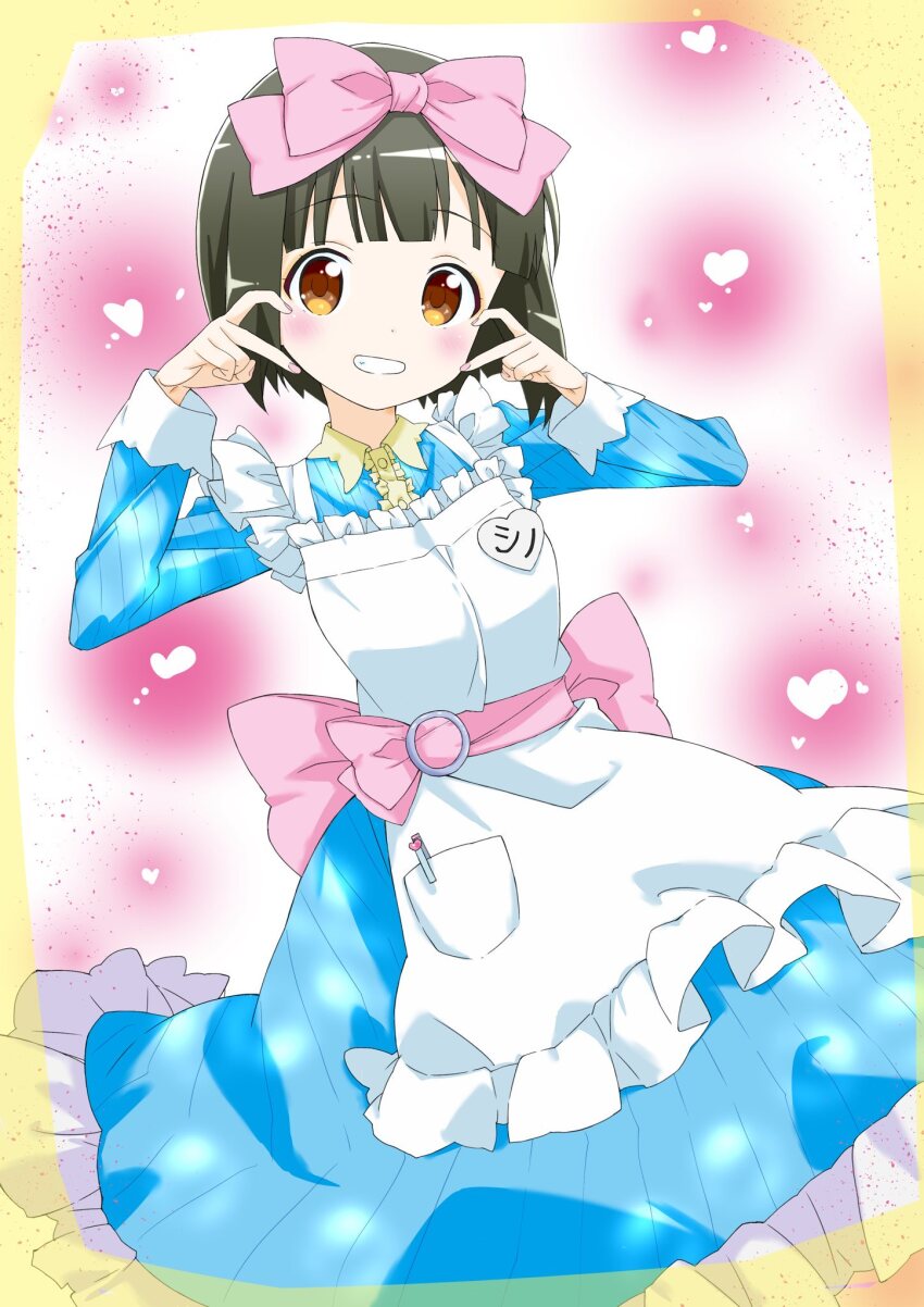 1girl :d abstract_background anime_coloring apron apron_pouch belt_bow birthday blue_dress blunt_bangs border bow breasts broken_heart_hands brown_eyes buttons collar collared_shirt commentary_request dot_nose double_v dress feet_out_of_frame finger_heart frilled_apron frills gang_sign green_hair grin hair_bow hands_up hara_yui_(style) heart heart_background highres kin-iro_mosaic light_blush looking_at_viewer medium_breasts medium_hair official_alternate_costume official_art oomiya_shinobu open_mouth ozeki_miyabi pink_bow pocket ribbed_dress shirt smile solo translation_request v white_apron white_collar yellow_border