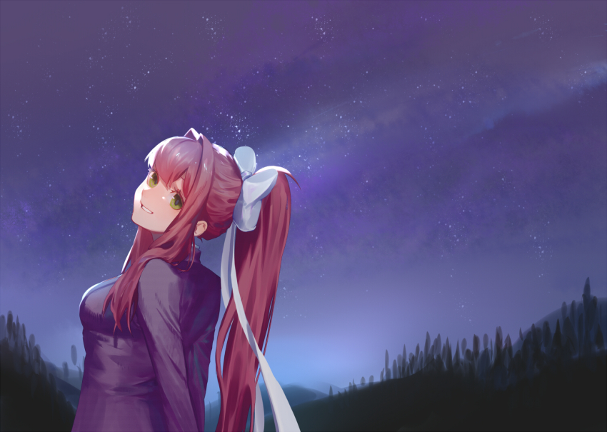 1girl blazer bow breasts brown_hair brown_jacket commentary commission doki_doki_literature_club english_commentary from_behind green_eyes hair_behind_ear hair_bow jacket leaning_back looking_at_viewer medium_breasts monika_(doki_doki_literature_club) mountain night night_sky odakojirou parted_lips ponytail school_uniform sky smile solo upper_body white_bow