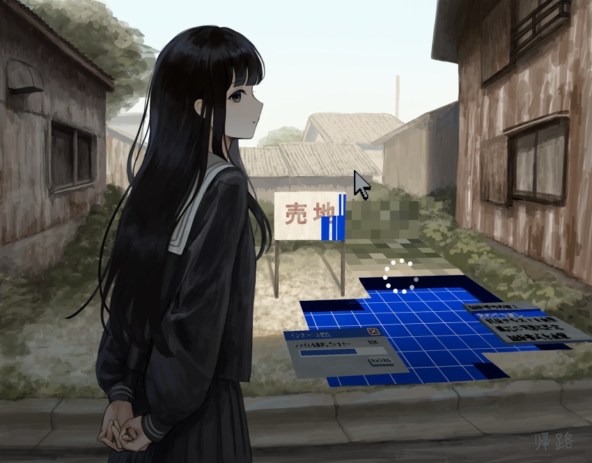 1girl black_hair black_serafuku black_skirt building cursor day from_behind glitch grey_eyes highres holding_finger kiro_(ntcm8883) loading_icon long_hair looking_at_viewer looking_back original outdoors pleated_skirt profile sailor_collar school_uniform serafuku shadow skirt solo tree upper_body white_sailor_collar