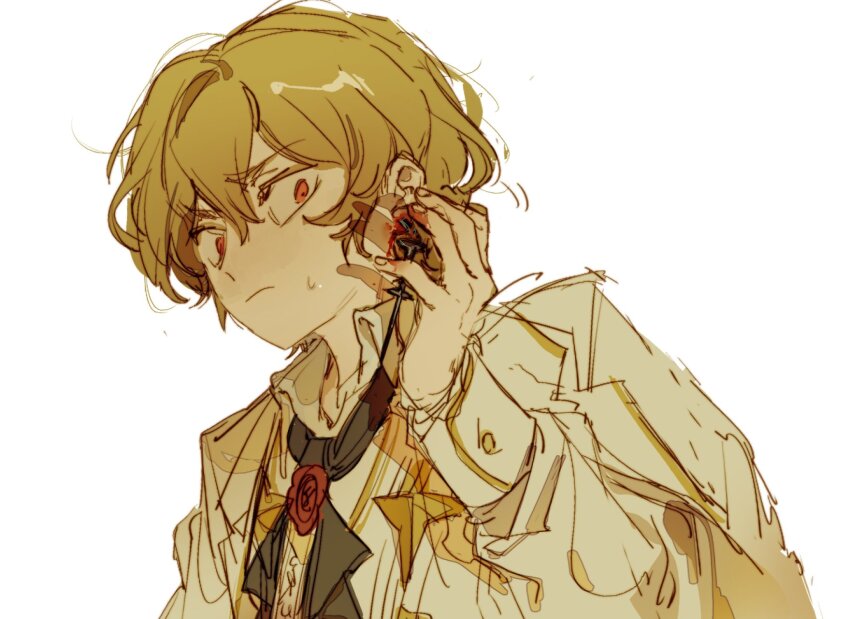 1boy ascot black_ascot blonde_hair blood closed_mouth collared_shirt ear_piercing g1a1c2a1e2e2d2 hand_up highres jacket limbus_company long_sleeves n_corp._fanatic_(identity)_(project_moon) nail piercing project_moon puffy_long_sleeves puffy_sleeves shirt simple_background sinclair_(project_moon) solo talisman upper_body wax_seal white_background white_jacket white_shirt wing_collar yellow_eyes