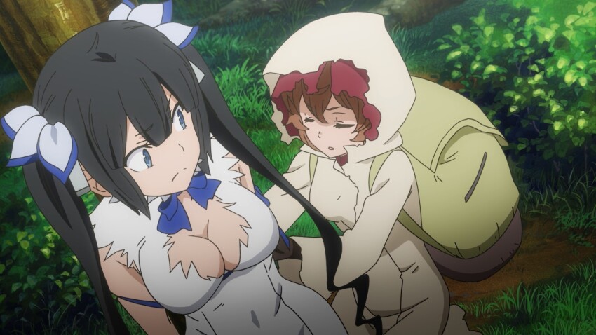 2girls anime_screenshot bag black_hair blue_eyes blue_necktie blue_ribbon bound breasts brown_bag brown_hair cleavage dress dungeon_ni_deai_wo_motomeru_no_wa_machigatteiru_darou_ka forest grass hair_ornament hair_ribbon hestia_(danmachi) highres hood hoodie large_breasts liliruca_arde long_hair multiple_girls nature navel necktie open_mouth outdoors ribbon short_hair tied_up_(nonsexual) tree twintails white_dress wide_hips