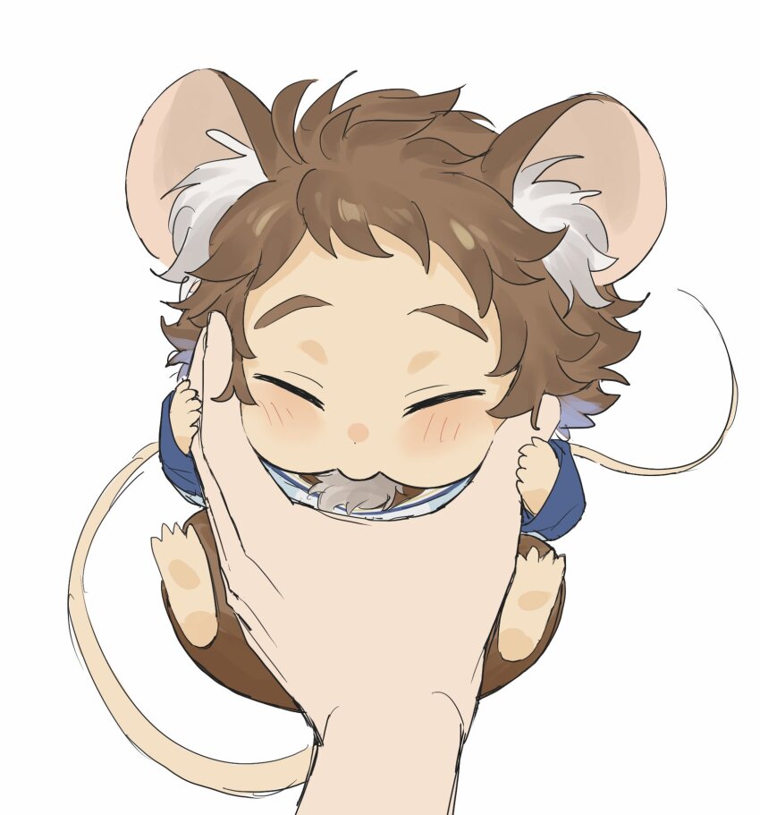 1boy 1other akari-chan_(e) animal_ears animal_legs body_fur brown_hair cheek_squash closed_eyes disembodied_hand dot_nose ensemble_stars! full_body highres light_blush male_focus mini_person miniboy mouse_boy mouse_ears mouse_tail pov puffy_cheeks raised_eyebrows short_bangs simple_background sitting size_difference solo_focus straight-on tail tenma_mitsuru unfinished white_background