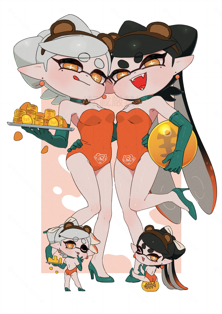 2girls animal_ears ass bear_ears black_hair blush callie_(splatoon) chibi coin collar coula_cat domino_mask ear_piercing egg fangs fish_eggs full_body hairband hand_on_another&#039;s_hip high_heels highres inkling_girl inkling_player_character leotard licking_lips looking_at_viewer marie_(splatoon) mask mole mole_under_eye multiple_girls nintendo one_eye_closed open_mouth piercing pointy_ears salmon_run_(splatoon) salmonid sitting smile splatoon_(series) tentacle_hair tongue tongue_out tray twintails white_hair yellow_eyes