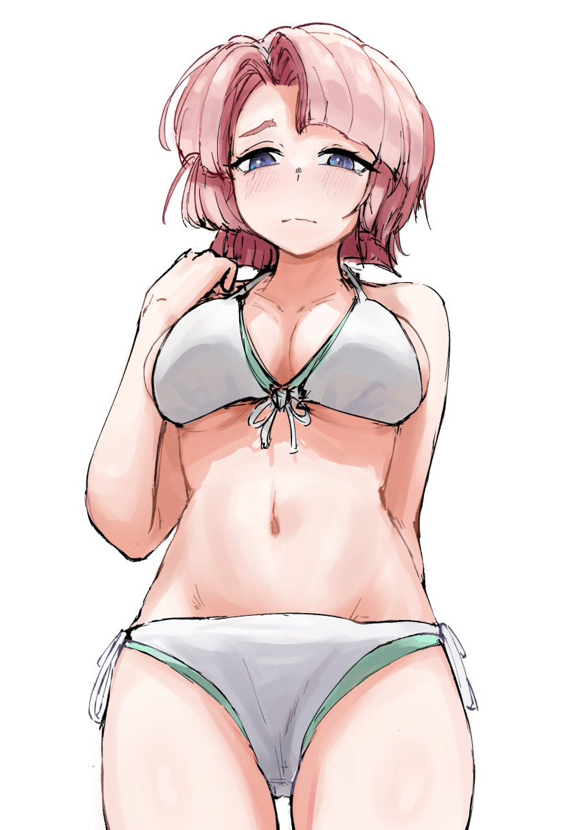 1girl arimura_mao bikini blush breasts collarbone cowboy_shot front-tie_bikini_top front-tie_top gakuen_idolmaster highres idolmaster kimi_to_semi_blue_(idolmaster) looking_at_viewer medium_breasts navel no_jacket pink_hair purple_eyes rinsun_(duug7323) short_hair side-tie_bikini_bottom simple_background solo stomach swimsuit white_background white_bikini