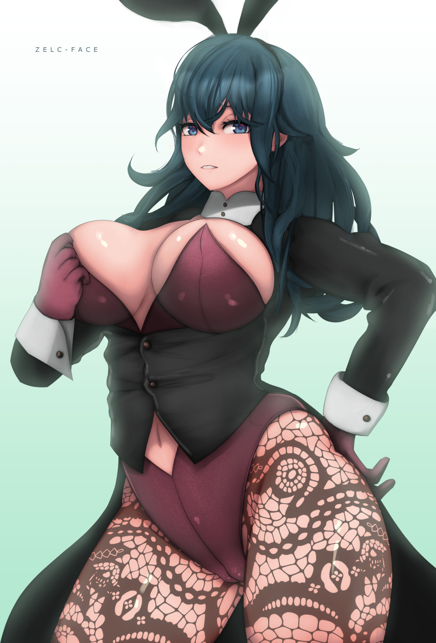 1girl absurdres animal_ears artist_name black_jacket blue_background blue_eyes blue_hair blush breasts brown_pantyhose byleth_(female)_(fire_emblem) byleth_(fire_emblem) cleavage clothing_cutout commentary cowboy_shot eyebrows_hidden_by_hair fake_animal_ears fire_emblem fire_emblem:_three_houses framed_breasts gradient_background hair_between_eyes hand_on_own_hip highres jacket large_breasts leotard long_hair long_sleeves looking_at_viewer navel navel_cutout nintendo pantyhose parted_lips patterned_clothing playboy_bunny purple_leotard rabbit_ears sidelocks simple_background solo standing strapless strapless_leotard thick_thighs thighs vest waistcoat wrist_cuffs zelc-face