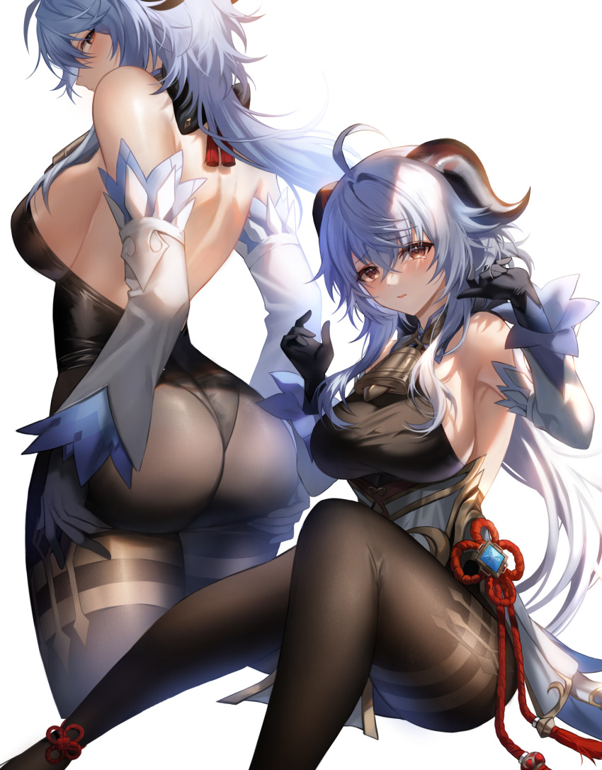 1girl ahoge armpits ass back backless_outfit bare_shoulders bell black_leotard black_pantyhose blue_gloves blue_hair blush bodystocking bodysuit bow breasts closed_mouth crossed_bangs detached_sleeves from_behind ganyu_(genshin_impact) genshin_impact gloves goat_horns gold_trim grabbing_own_ass gz_(gyoju) hands_up highres horns jewelry knee_up large_breasts leotard leotard_under_clothes long_hair long_sleeves looking_at_viewer low_ponytail multicolored_eyes multiple_views neck_bell pantyhose revision sideboob simple_background sitting thighlet thighs vision_(genshin_impact) white_background white_sleeves