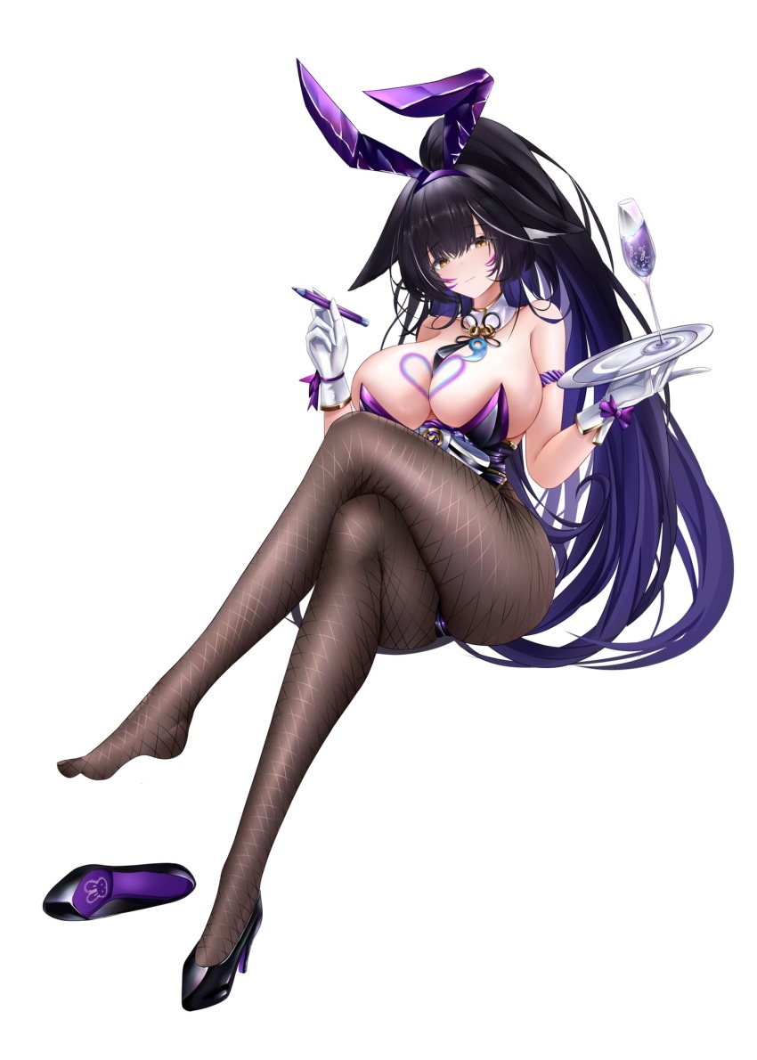 1girl animal_ears azur_lane black_footwear black_hair black_necktie black_pantyhose breasts cleavage closed_mouth colored_inner_hair commentary crossed_legs cup detached_collar drinking_glass facial_mark fake_animal_ears fishnet_pantyhose fishnets floppy_ears fox_ears gloves heart_on_chest high_heels highres holding holding_pen holding_tray invisible_chair iue_(artist) large_breasts leotard long_hair looking_at_viewer multicolored_hair musashi_(azur_lane) musashi_(the_purple_rabbit&#039;s_marksmanship)_(azur_lane) necktie official_alternate_costume official_alternate_hairstyle pantyhose pen purple_hair purple_leotard rabbit_ears simple_background sitting solo strapless strapless_leotard tray very_long_hair white_background white_gloves yellow_eyes